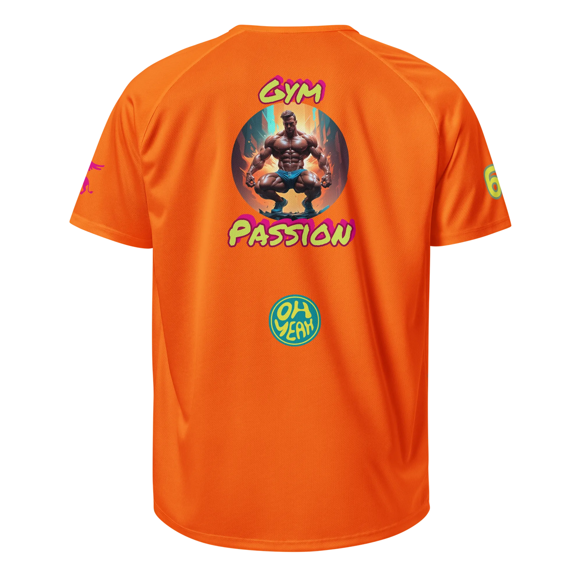 Unisex-Sportsjersey, orange, Rückansicht mit „Gym Passion“-Grafik