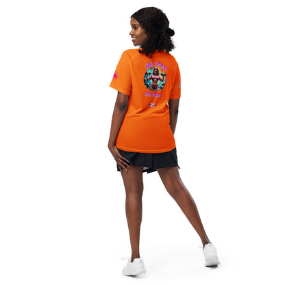 Orange unisex sports jersey on model, back graphic centered with side sleeve accents