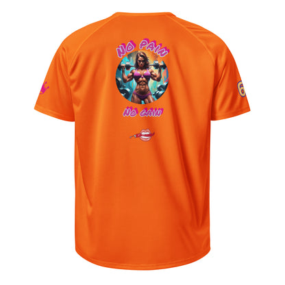 Neon orange unisex sports jersey back, round workout graphic and lips icon
