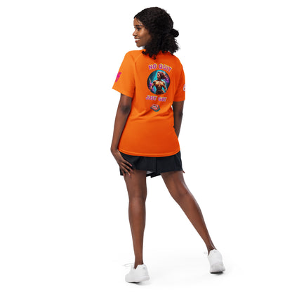 Neon orange unisex sports jersey T-shirt with back emblem "NO QUIT JUST GRIT".