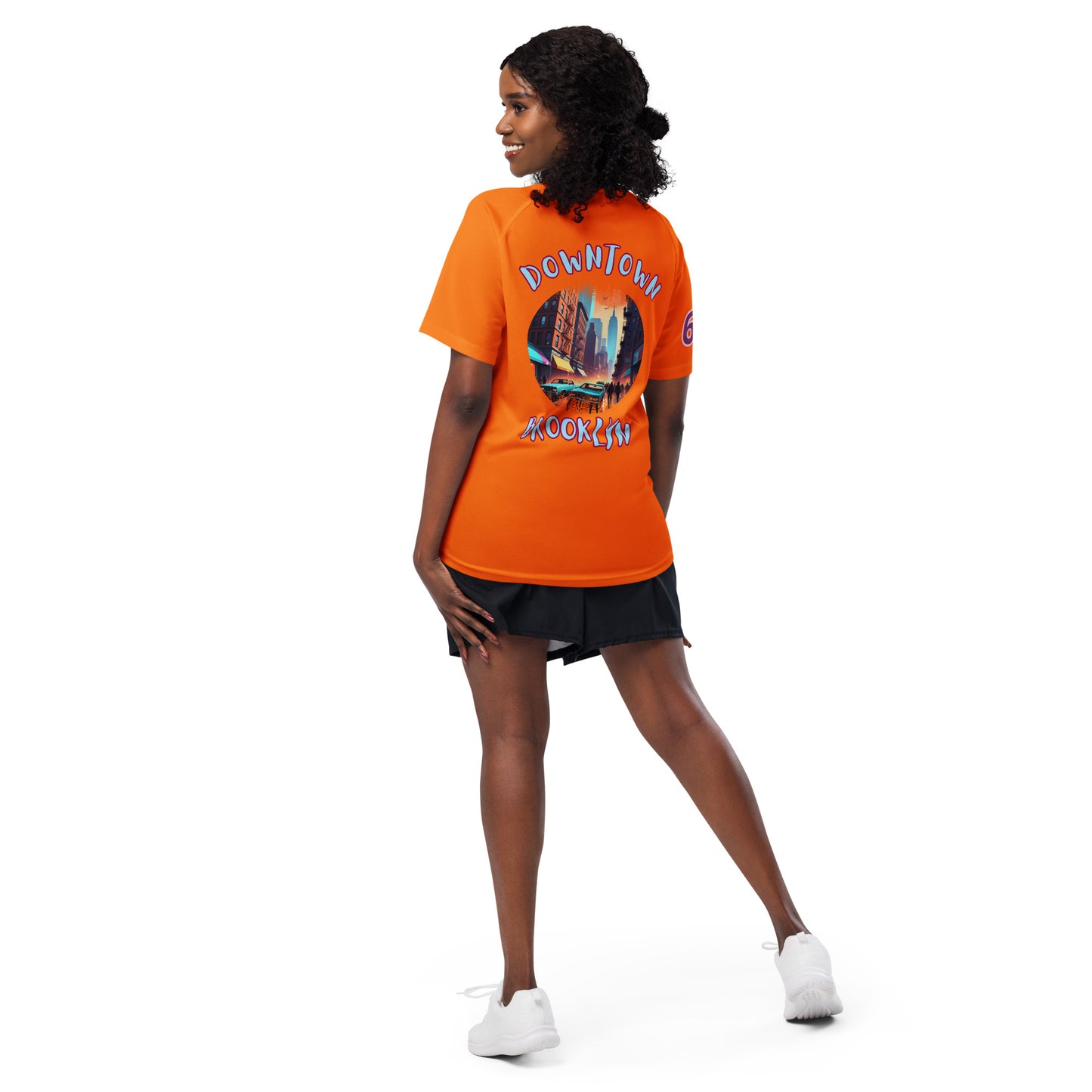 Orange sports jersey with back print, short sleeves and crew neck