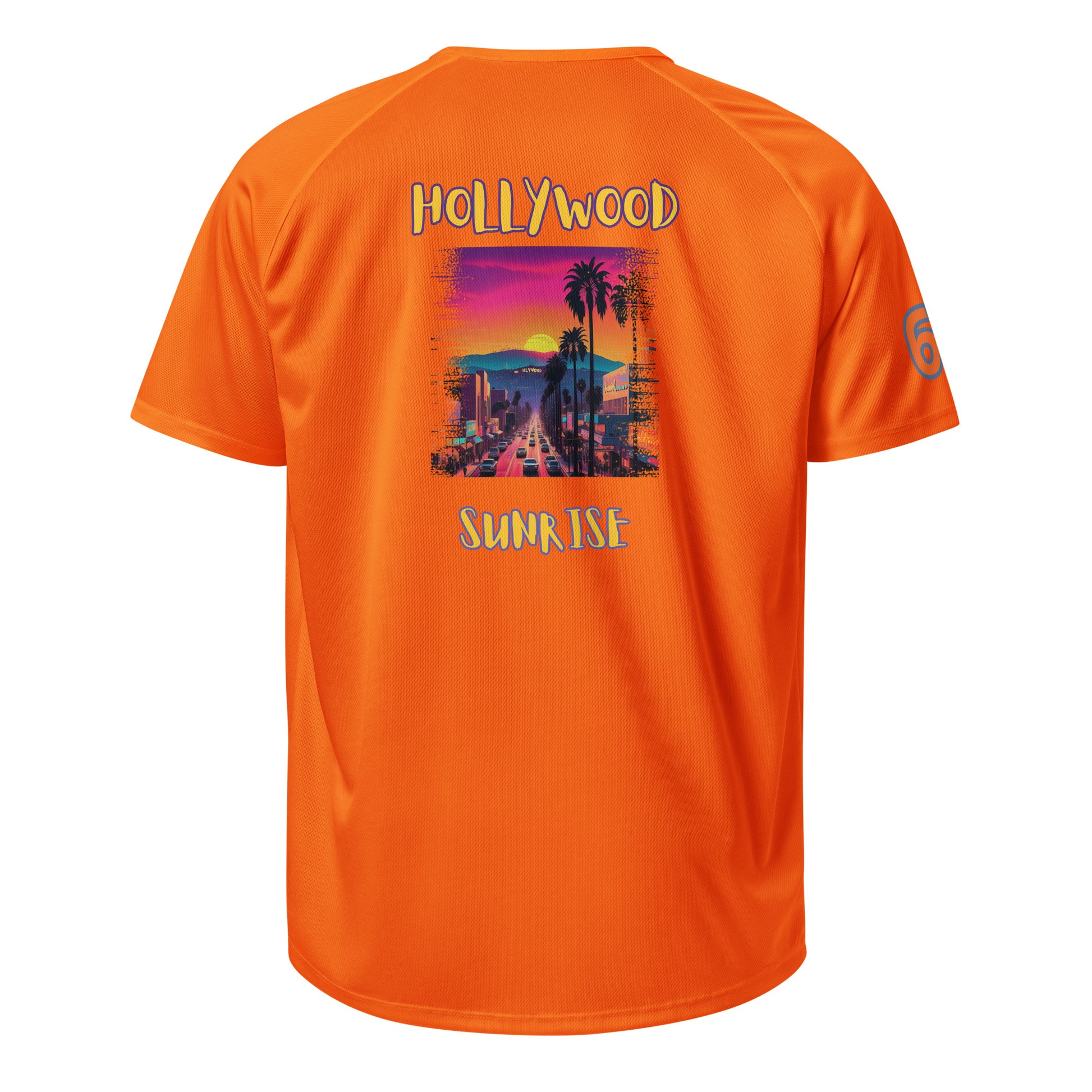 AW Hllywood sports jersey in Neon Orange, back graphic “HOLLYwood SUNRISE”