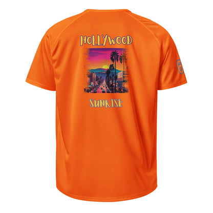 AW Hllywood sports jersey in Neon Orange, back graphic “HOLLYwood SUNRISE”