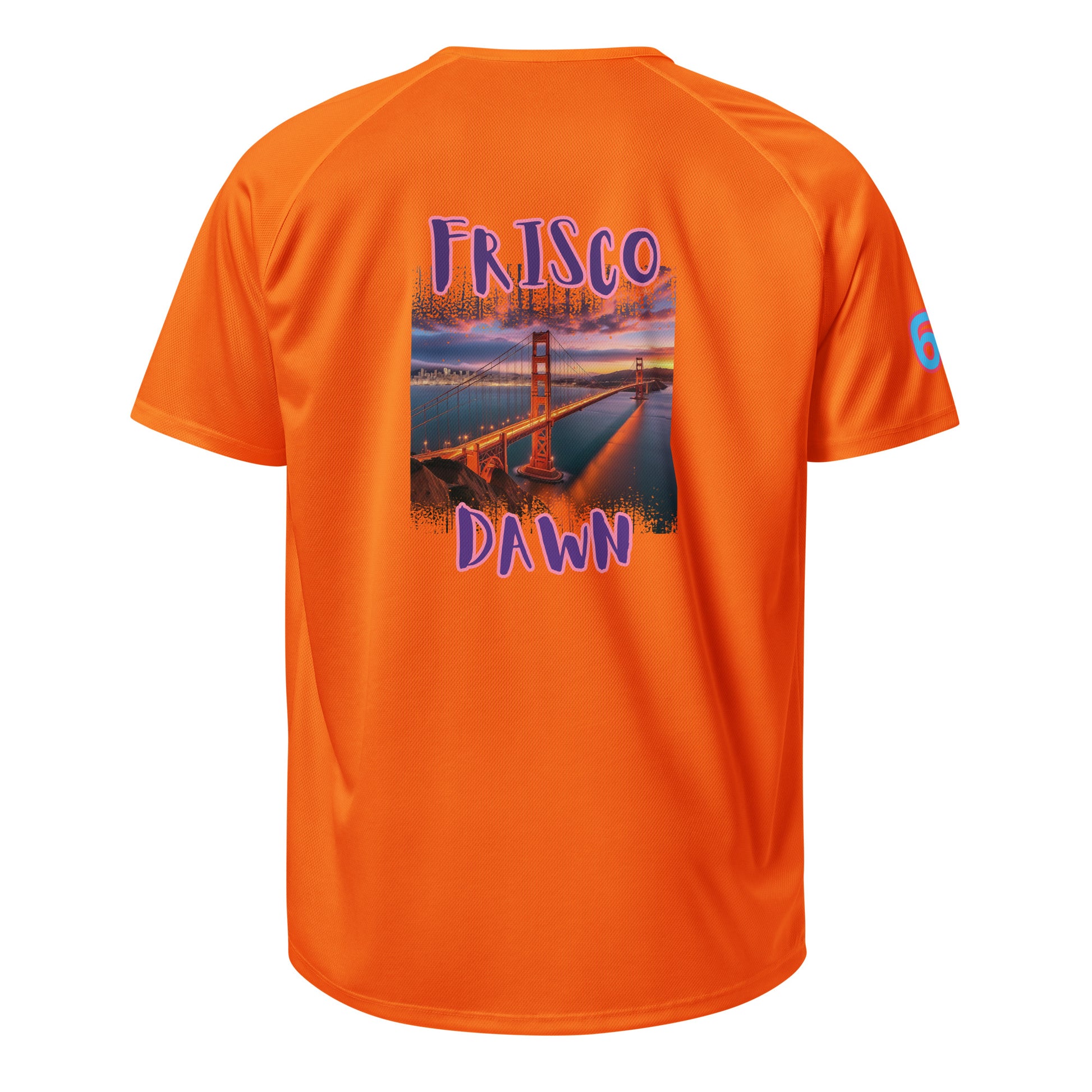 Orange sports jersey back with large “FRISCO DAWN” graphic and number patch
