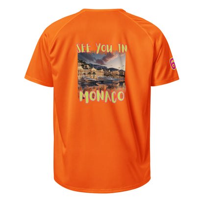 AW Monaco sports jersey in neon orange, back print “See you in Monaco” with “6” sleeve detail.