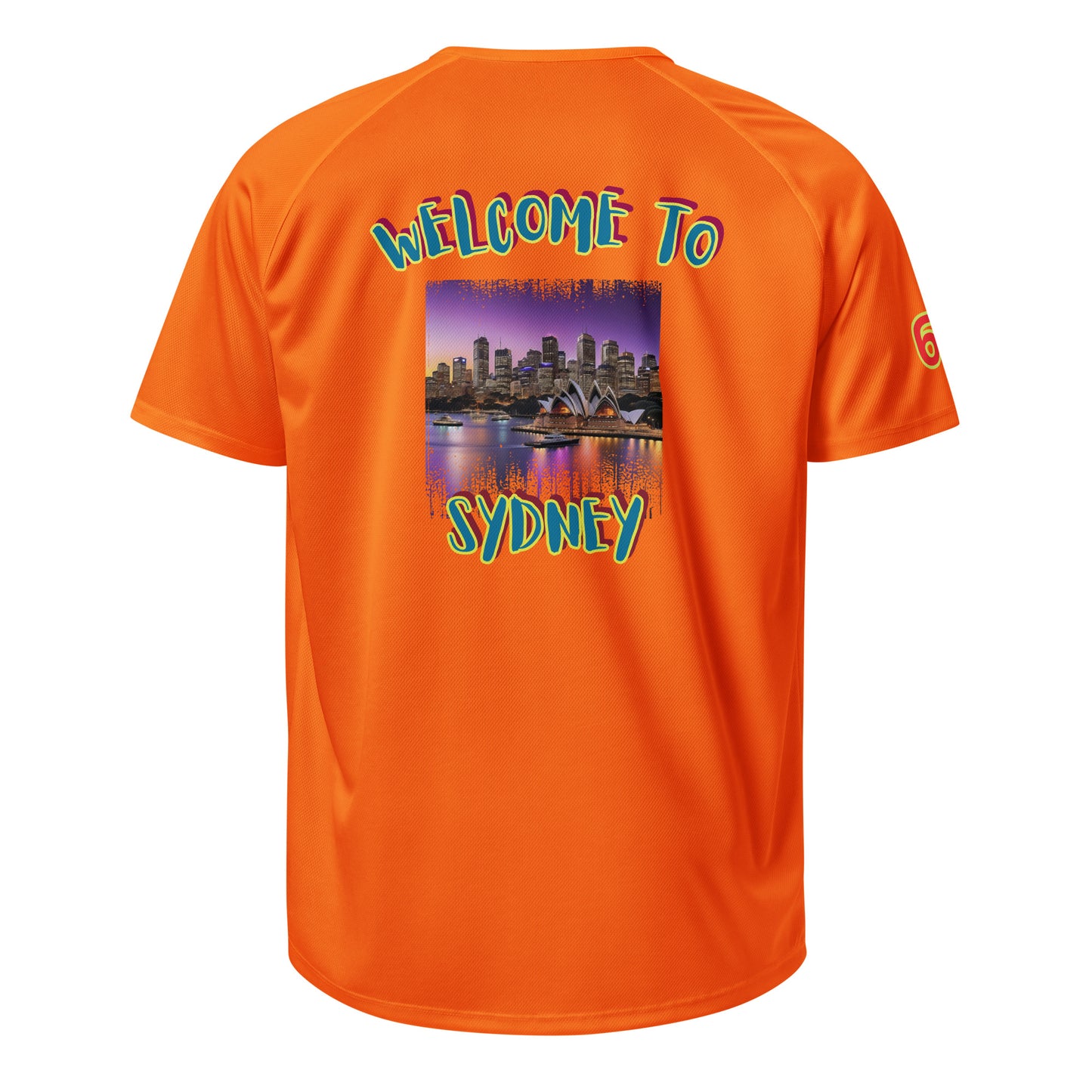 AW Sydney sports jersey in neon orange, back with “WELCOME TO SYDNEY” graphic and 6