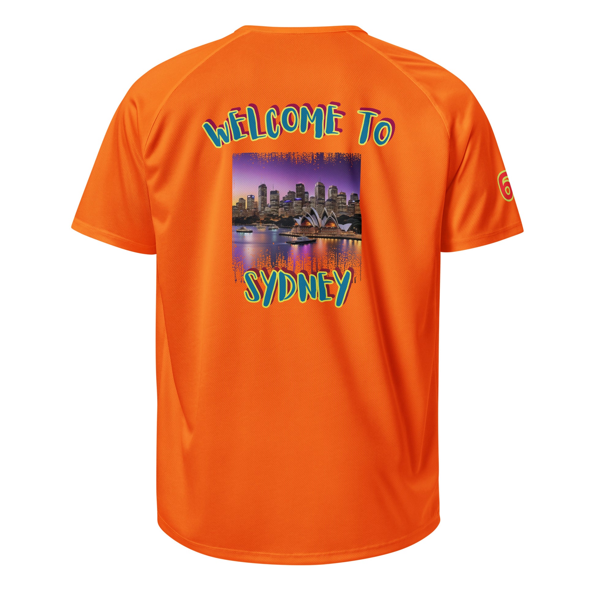 AW Sydney sports jersey in neon orange, back with “WELCOME TO SYDNEY” graphic and 6