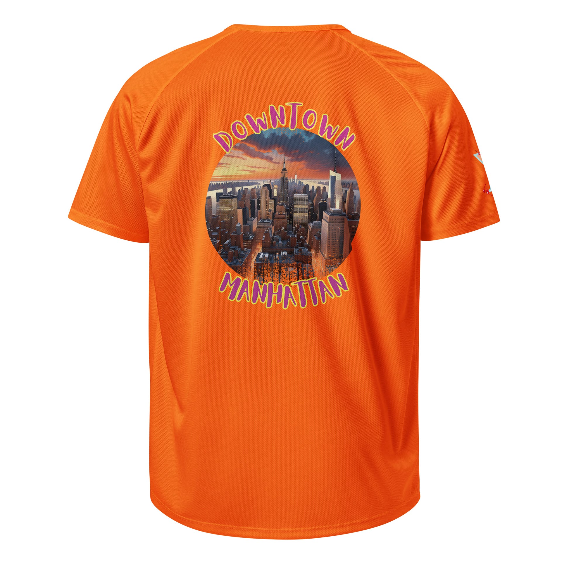 Orange sports jersey, back view with “Downtown Manhattan” city graphic