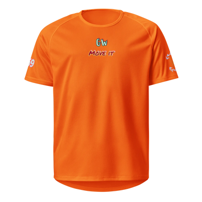 Neon orange sports jersey, front view, chest logo and “MOVE IT” text