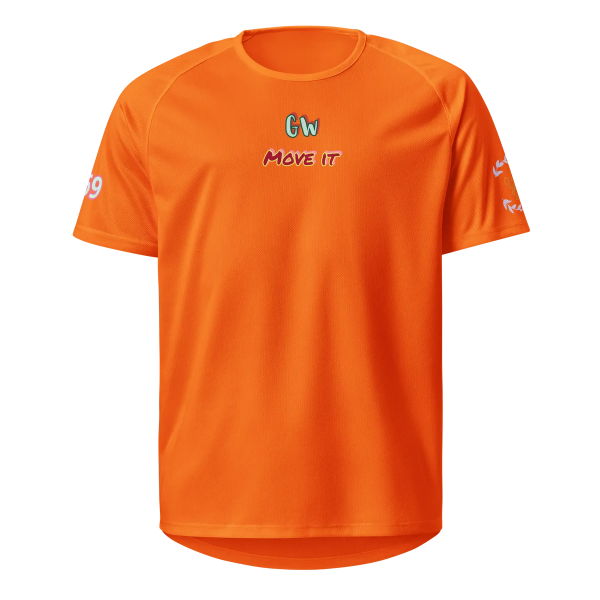 Neon orange sports jersey, front view, chest logo and “MOVE IT” text