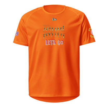 Unisex sports jersey, neon orange; front graphic with “LET’S GO”