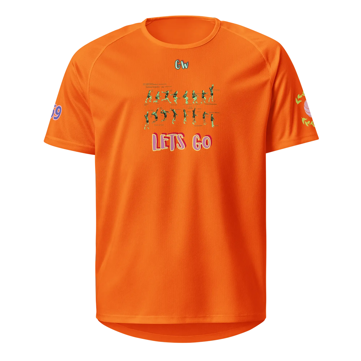 Unisex sports jersey, neon orange; front graphic with “LET’S GO”