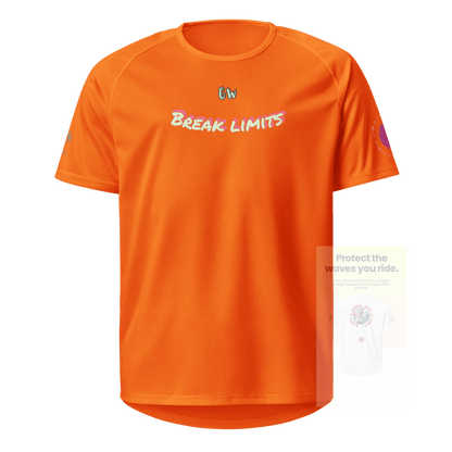 Unisex sports jersey (neon orange) vorne mit „BREAK LIMITS“-Schriftzug & Logo