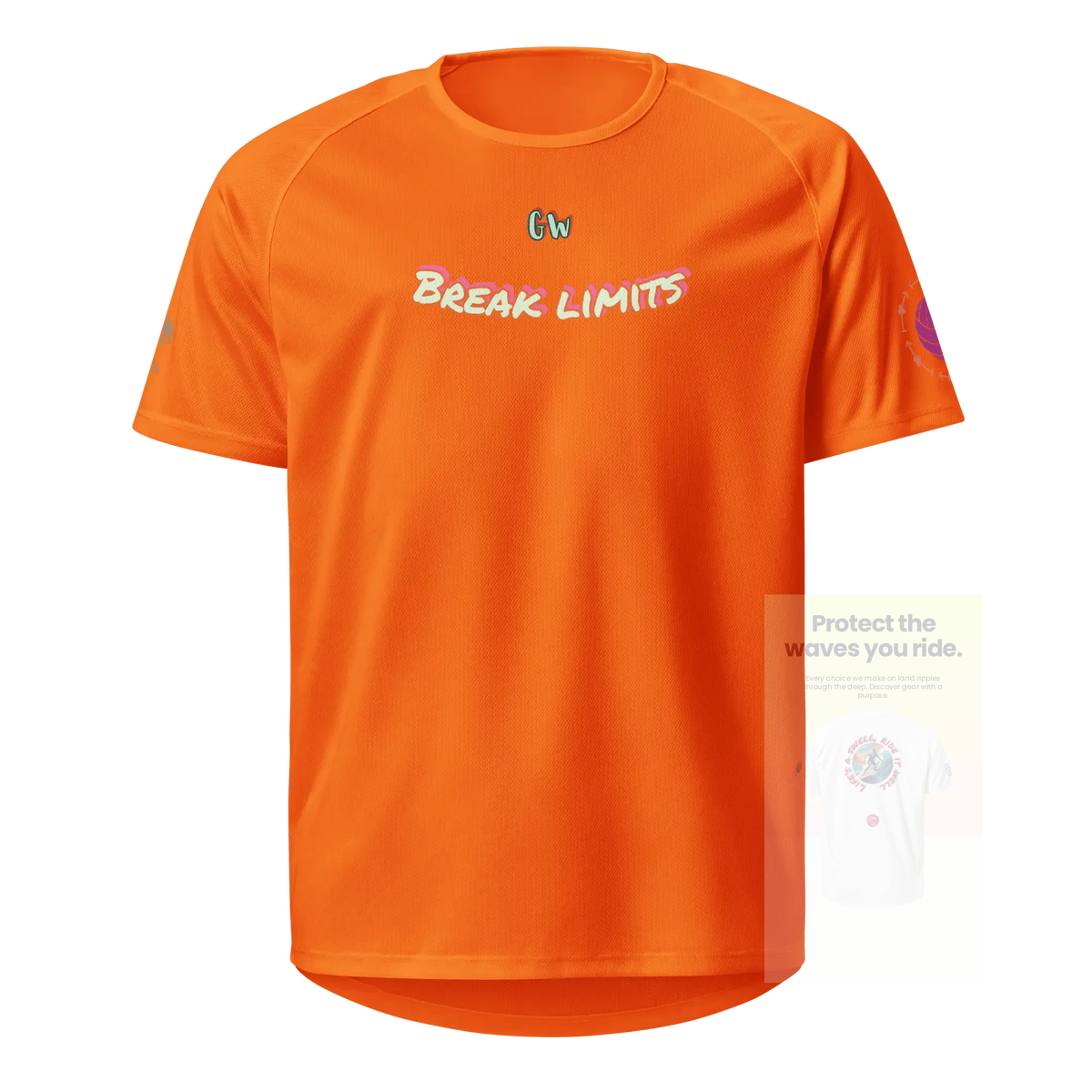 Unisex sports jersey (neon orange) vorne mit „BREAK LIMITS“-Schriftzug & Logo