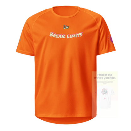 Unisex sports jersey (neon orange) vorne mit „BREAK LIMITS“-Schriftzug & Logo