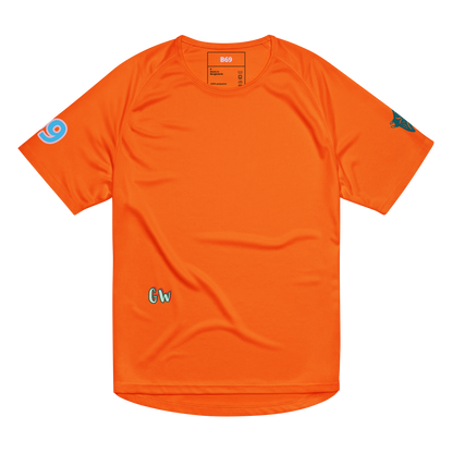 Unisex sports jersey Neon Orange mit kleinem Gw-Logo und bunten Sleeve-Icons