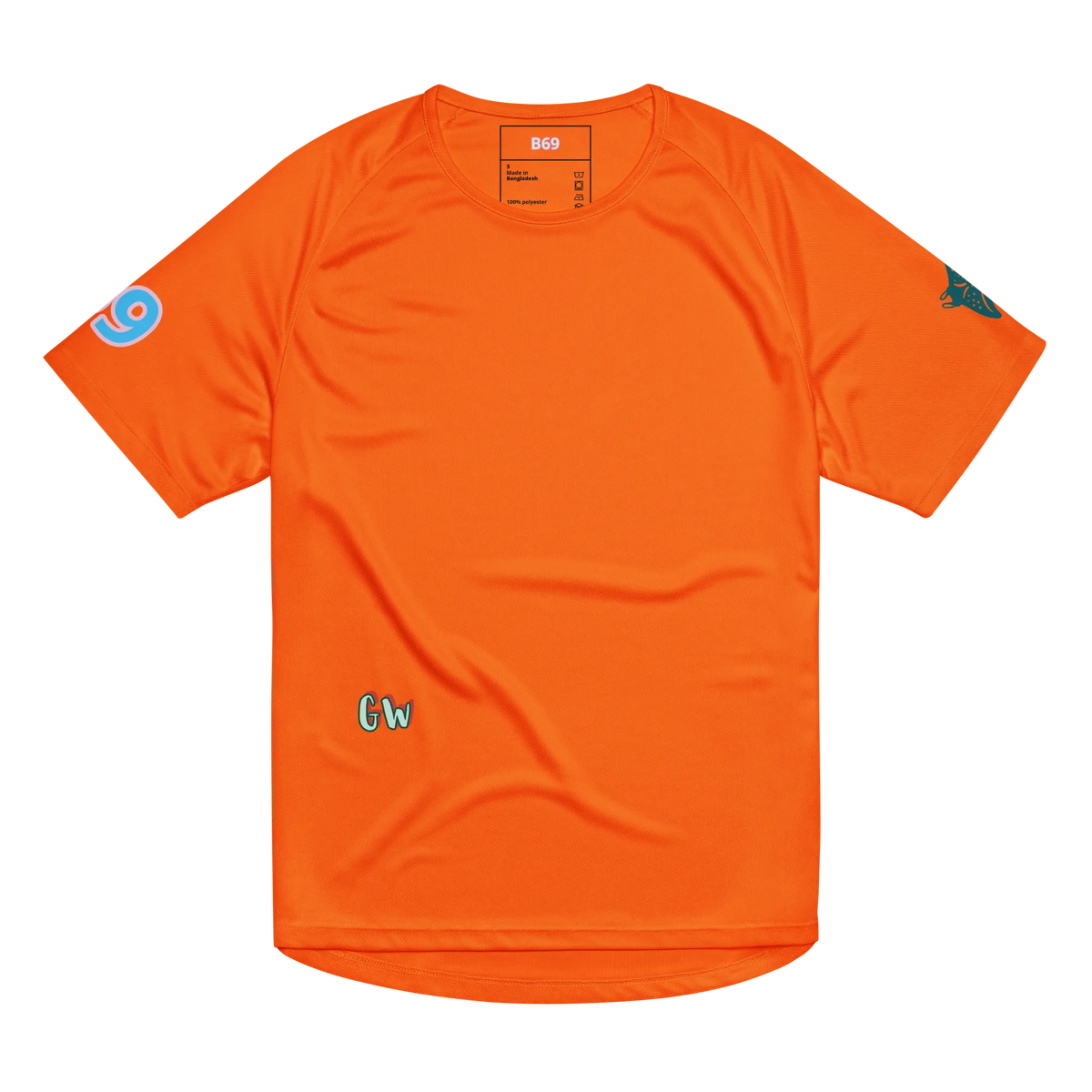 Unisex sports jersey Neon Orange mit kleinem Gw-Logo und bunten Sleeve-Icons