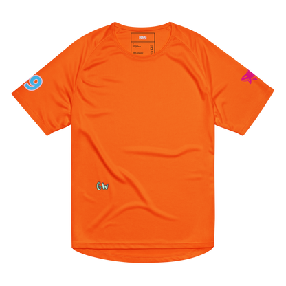 Unisex sports jersey, neon orange, solid front with small sleeve icons and chest logo