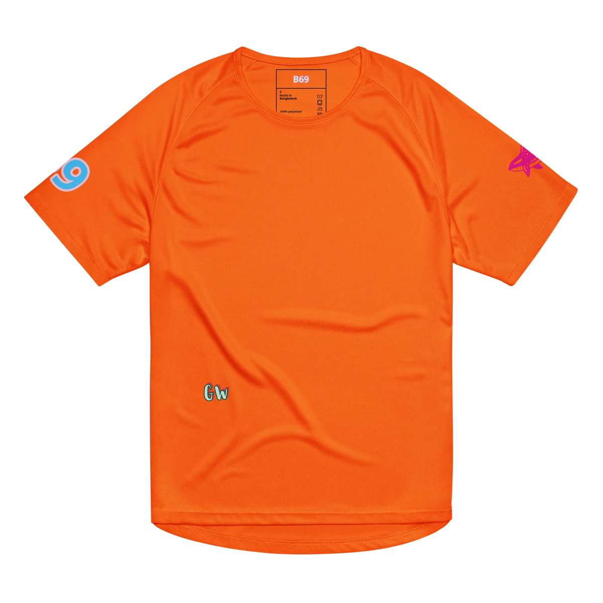 Unisex sports jersey, neon orange, solid front with small sleeve icons and chest logo
