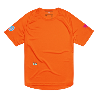 Unisex sports jersey, neon orange, solid front with small sleeve icons and chest logo