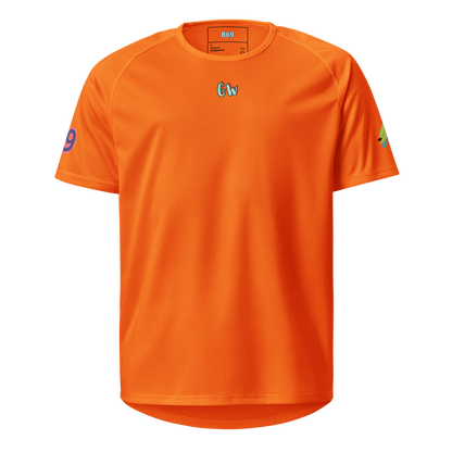 Neon orange sports jersey front with Gv logo near the collar