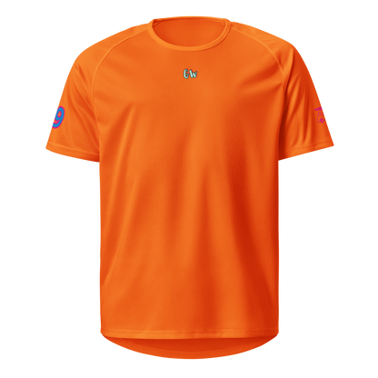 Neon orange sports jersey, front view with small “Gw” logo on chest