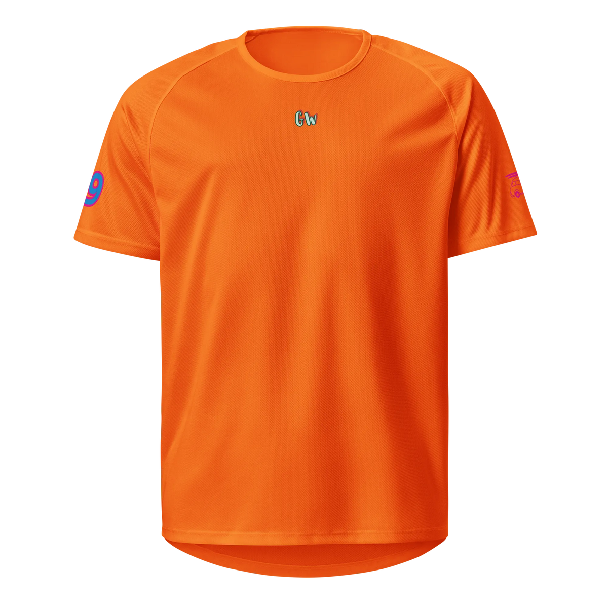 Neon orange sports jersey, front view with small “Gw” logo on chest