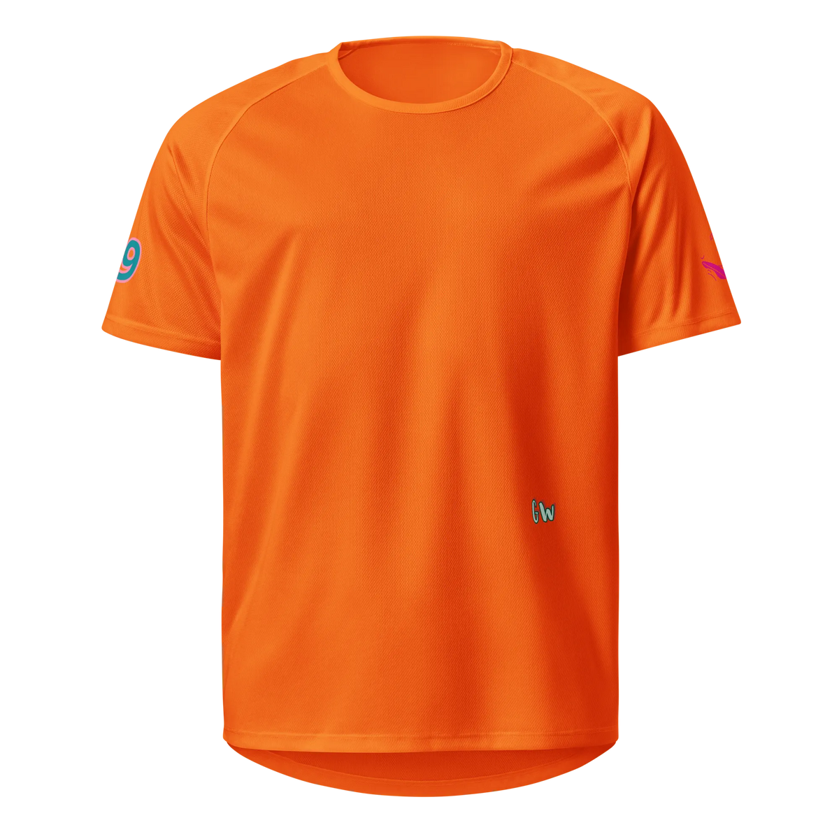 Neon orange sports jersey front with Gv mark and sleeve logo