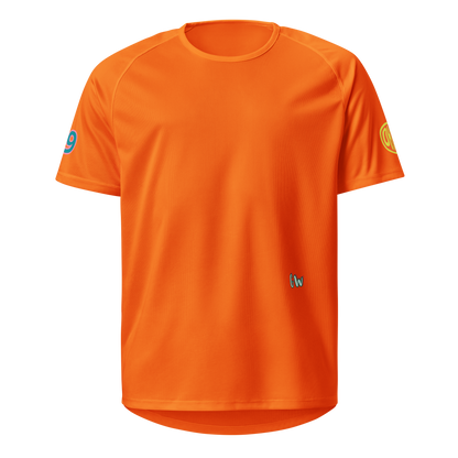 Neon orange sports jersey front with small 'G'w logo and sleeve branding