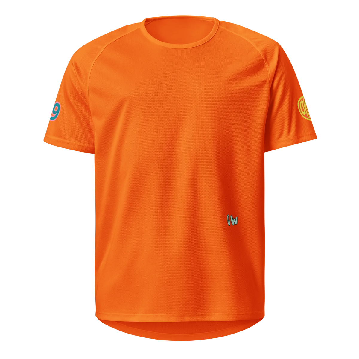 Neon orange sports jersey front with small 'G'w logo and sleeve branding