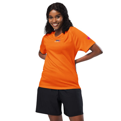 Orange unisex sports jersey with small chest logo and short sleeves