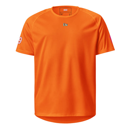 Orange unisex sports jersey front with chest logo Gw and sleeve 9
