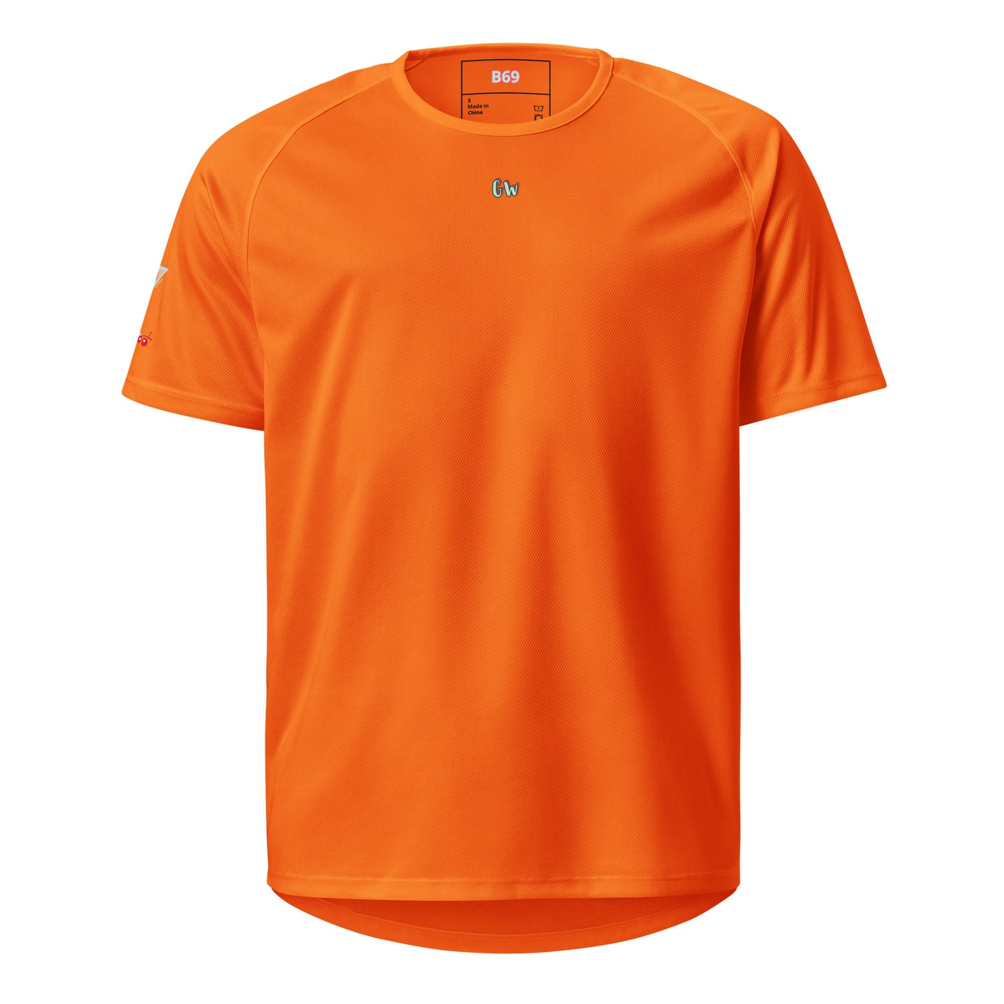 Orange sports jersey, front with small chest logo and textured knit look