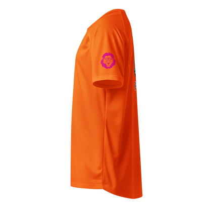 Neon orange sports jersey side view with pink lion head logo on sleeve