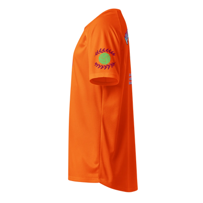 Neonoranges Sporttrikot mit Ball-Logo auf dem Ärmel, seitliche Ansicht