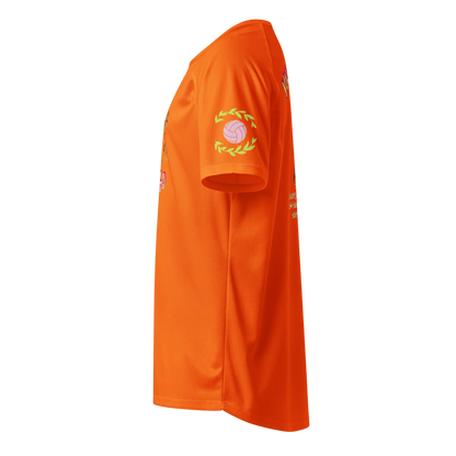 Unisex sports jersey, neon orange; side view with laurel basketball sleeve logo