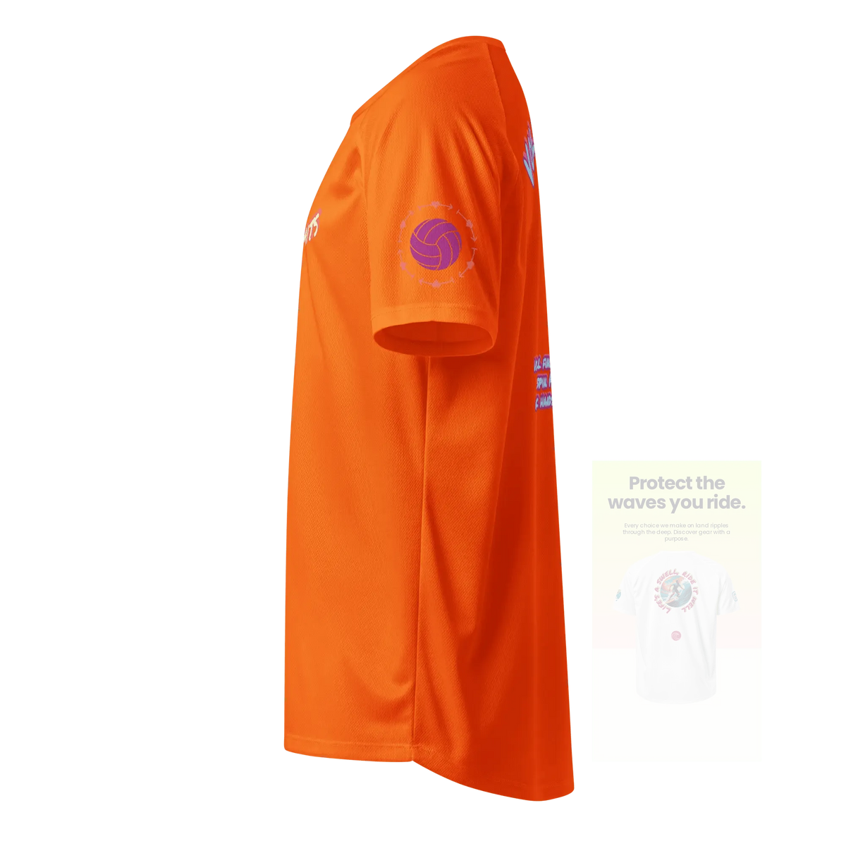 Unisex sports jersey (neon orange), seitliche Ansicht mit Volleyball-Design am Ärmel