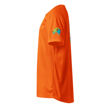 Neon orange sports jersey side view with small surf logo patch on chest