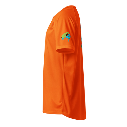 Neon orange sports jersey side view with small surf logo patch on chest