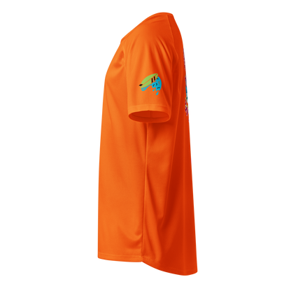 Sport-Jersey, neon-orange, Seitenansicht mit Surfer-Logo auf dem Ärmel