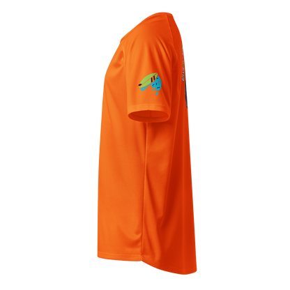 Neon orange sports jersey, side view with colorful wave patch on upper sleeve