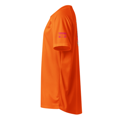 Neon orange sports jersey, side view with small red vehicle logo on chest