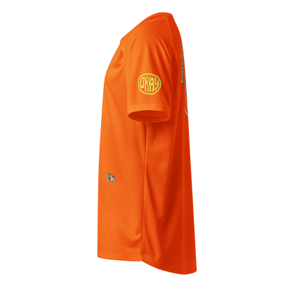 Neon orange sports jersey side view with yellow oval logo patch on sleeve