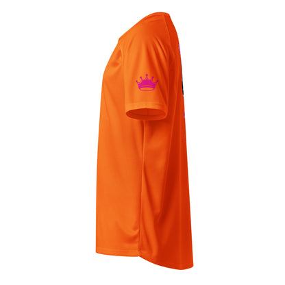 Neon orange unisex sports jersey side view, crown logo on chest