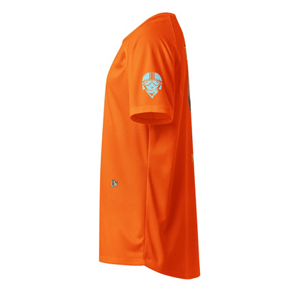 Scrambler#2 T-shirt (Orange) with small chest-face mascot logo on sleeve