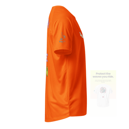 Neon orange unisex sports jersey with small chest logo and side sleeve graphic