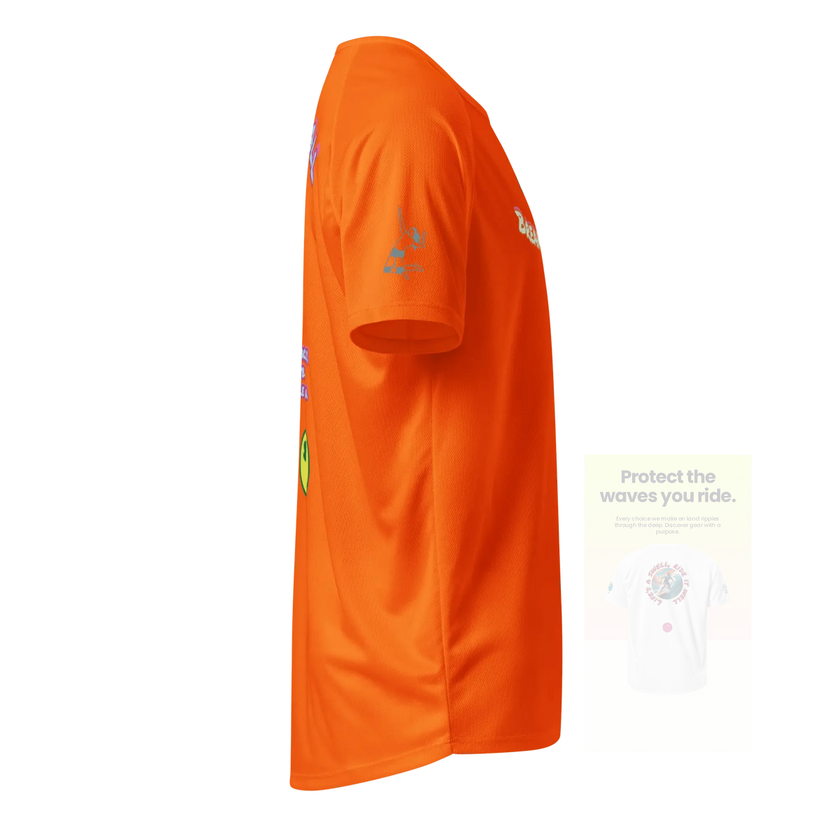 Neon orange unisex sports jersey with small chest logo and side sleeve graphic