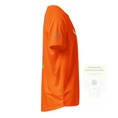 Neon orange unisex sports jersey with small chest logo and side sleeve graphic