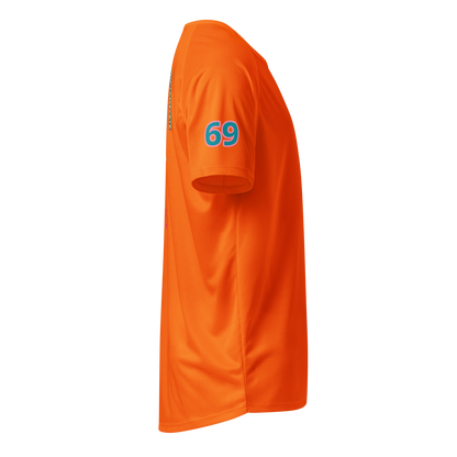Orange sports jersey with “69” graphic on sleeve, unisex athletic fit