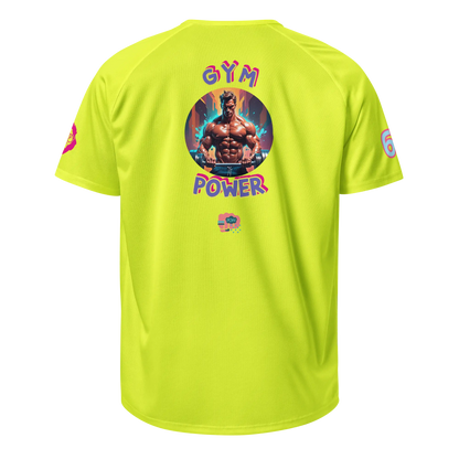 Neon yellow unisex sports jersey, back print 'GYM POWER' and small logo